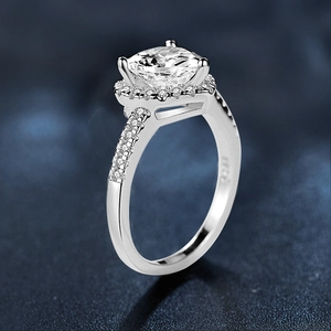 Detailed close-up of 925 sterling silver ring featuring a cushion-cut moissanite and S925 hallmark