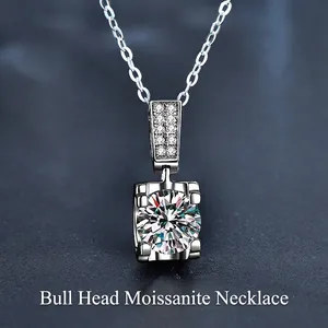 925 Sterling Silver Moissanite Necklace For Women Classic Four-Claw Bull Head Pendant Necklaces With D Color Moissanite Jewelry