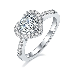 Classic 1 carat heart-shaped halo moissanite engagement ring in 925 sterling silver