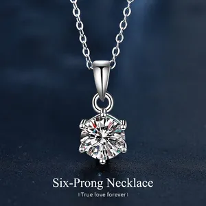 Classic 925 Sterling Silver Moissanite Necklace For Women Round Six Prong 1ct 2ct Pendant Minimalist Fashion Jewelry Gift