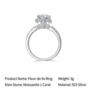 Elegant 925 sterling silver iris flower open ring featuring 1ct moissanite diamond stone