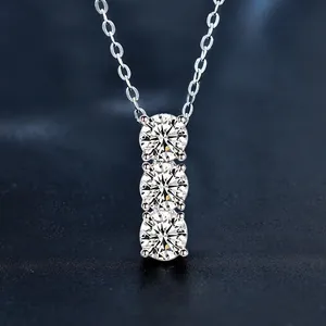 S925 Sterling Silver Moissanite Necklace For Women Linear Triple Stone Pendant Elegant Choker Fashion Jewelry Anniversary Birthday Gift