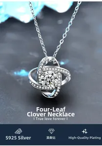 Macro detail of S925 silver clover pendant featuring a central Moissanite stone
