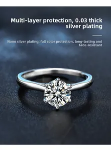 Détail de la bague en moissanite à six griffes avec placage nano-argent multicouche