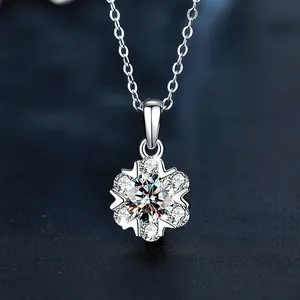 Macro shot of 925 silver snowflake pendant necklace with sparkling center stone