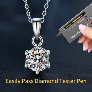 925 silver 1ct moissanite necklace with 6-prong pendant shown testing with diamond pen