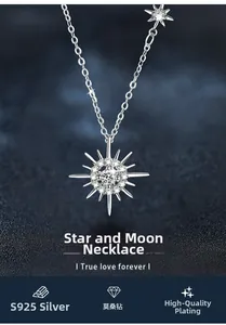 Macro view of S925 sterling silver sunburst necklace with moissanite center stone