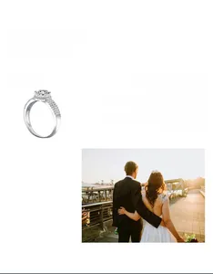 Vue macro de bague moissanite en argent 925 avec serti couronne et pavé de diamants