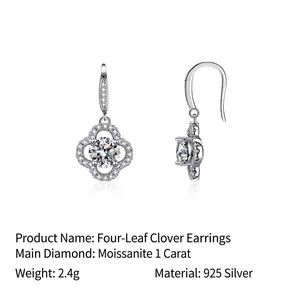 925 silver four-leaf clover earrings featuring 1 carat moissanite with polished finish