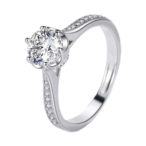 Classic 925 sterling silver moissanite ring with six-prong setting and side accents