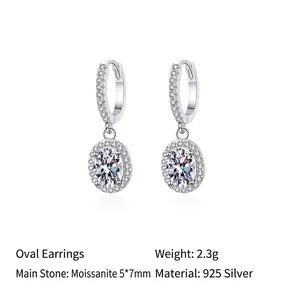 925 silver oval moissanite hoop earrings with 5x7mm center stone and micro pave diamonds