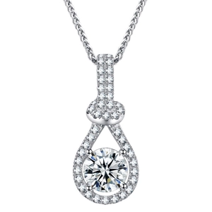 925 silver water drop pendant necklace with round sparkling stone on white background
