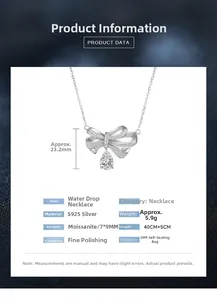 Detailed view of S925 silver bow necklace featuring a 7x9mm pear-cut moissanite pendant
