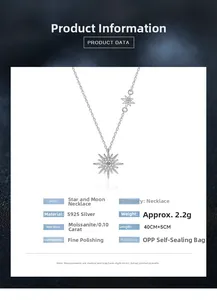 Detailed S925 sterling silver sun necklace with moissanite star and moon pendant