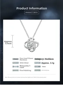 Close-up of S925 silver clover necklace featuring 1ct moissanite and pave setting