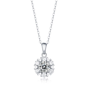 Detailed view of 925 sterling silver snowflake pendant with moissanite center stone