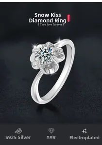 Macro view of flower-shaped Moissanite ring in S925 sterling silver on black background