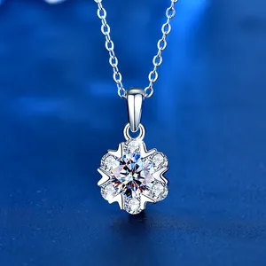 Macro shot of 925 silver snowflake pendant necklace with sparkling moissanite stones