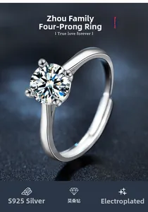 Detailed view of S925 sterling silver ring with a four-prong set moissanite stone