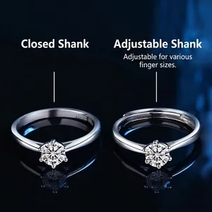 Bague moissanite en argent sterling S925 à six griffes, fixe et ajustable