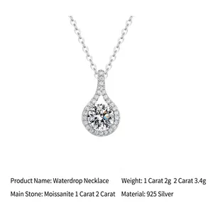 Pendentif goutte en moissanite et argent 925 avec halo de petites pierres