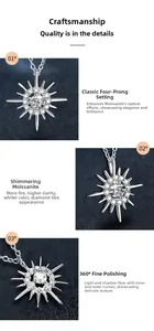 Macro shot of sunburst moissanite pendant with four-prong setting in silver
