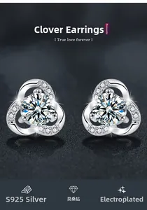 Macro detail of S925 sterling silver clover earrings with sparkling moissanite stones