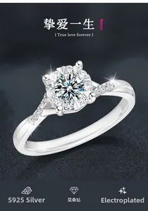 Detail of S925 sterling silver ring with interlocking snowflake moissanite setting