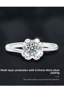 Detail of flower-shaped silver ring showing 0.03mm polished plating and high-gloss finish