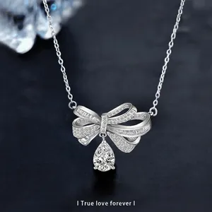 925 Sterling Silver Bow Moissanite Teardrop Pendant Necklace With GRA Certificate For Women Luxury Elegant Wedding Party Jewelry Gift Accessories