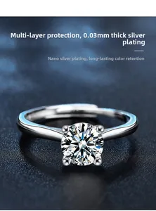 Detail of classic four-prong setting with Moissanite stone and silver plating finish