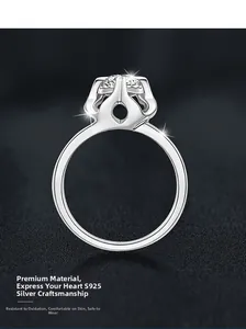 Detailed macro view of S925 sterling silver moissanite ring with six-prong crown setting