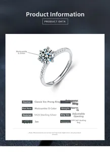 Detailed macro view of 6.5mm D-color Moissanite and S925 sterling silver ring hallmark