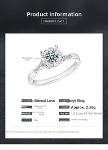 Detailed technical spec chart of a 5mm D color Moissanite ring in S925 sterling silver