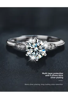 Detail of 0.03mm thick silver plating on a six-prong solitaire moissanite ring