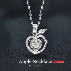 Collier Pendentif Pomme Coeur en Argent Sterling 925 Moissanite pour Femme Élégant Chaîne de Clavicule en Strass Bijoux