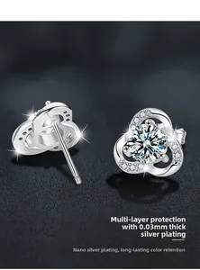 Detailed view of S925 silver clover heart stud earrings with moissanite center stones