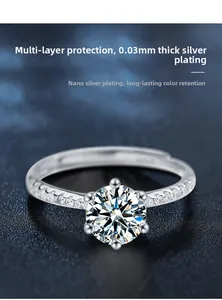 Detail shot of a six-prong moissanite ring with a silver finish and adjustable band