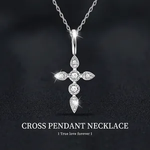 925 Sterling Silver Moissanite Cross Pendant Necklace For Women Electroplated Polished Clavicle Chain Jewelry Gift