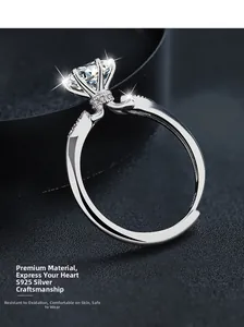Detail of s925 sterling silver ring featuring a six-prong moissanite setting in close-up view