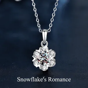 925 Sterling Silver Snowflake Moissanite Pendant Necklace Elegant White Gold Plated Clavicle Chain For Women Christmas Valentine Gift