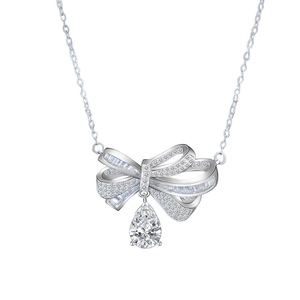Elegant 925 sterling silver bow necklace with pear-cut drop moissanite pendant