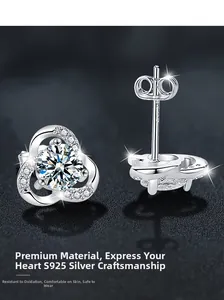 Macro shot of S925 sterling silver clover earrings with sparkling moissanite stones
