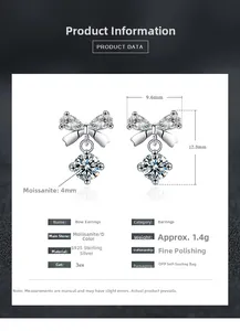 Detailed spec sheet for S925 sterling silver bow earrings with 4mm Moissanite stones