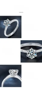 Detail view of classic six-prong moissanite ring showing S925 sterling silver engraving