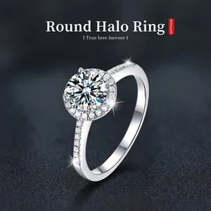 Bague en Argent Sterling S925 avec Moissanite de 1 Carat Avec Certificat GRA pour Femmes Bague de Mariage Engagement Halo Rond Bijoux Étincelants