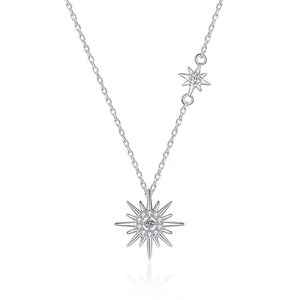 Elegant 925 sterling silver sunburst necklace featuring sparkling moissanite stones