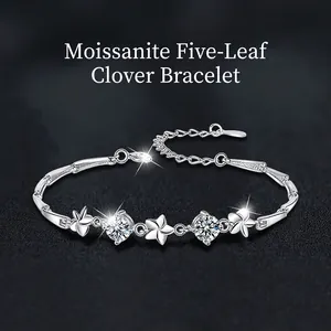 925 Sterling Silver Moissanite Five Leaf Clover Bracelet D Color VVS1 Moissanite Adjustable Luck Jewelry For Women Gift