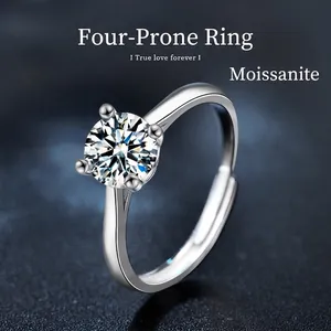 S925 Sterling Silver 1 Carat Moissanite Ring For Women Round Cut Four Claw Minimalist Adjustable Ring With GRA Certificate