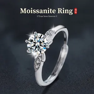 925 Sterling Silver Moissanite Ring For Women Six-Prong Crown Setting Adjustable Open Ring Wedding Engagement Jewelry Gift